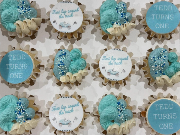 Boys First Birthday Blue and Beige Cupcakes