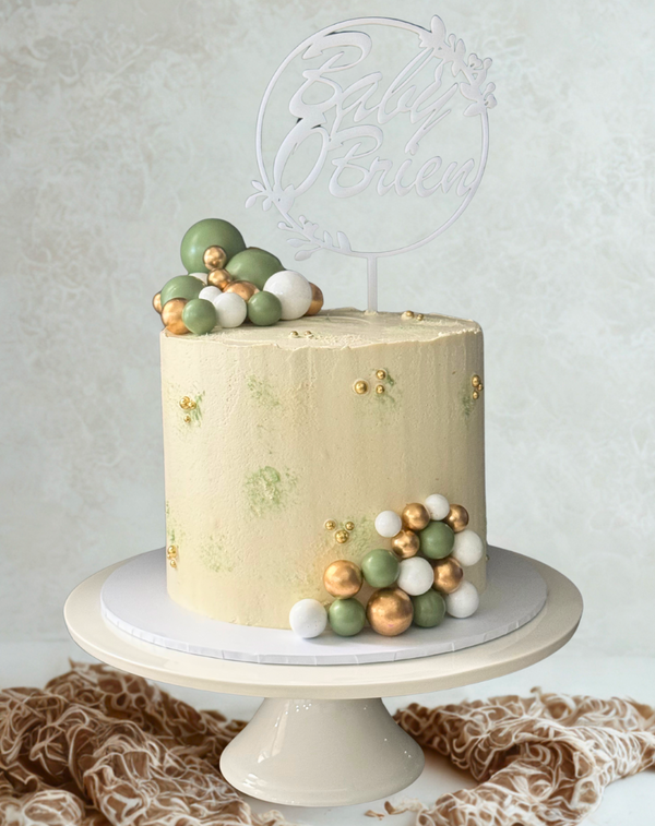 Custom Green and Gold Cream Single Tier Baby Shower Cake